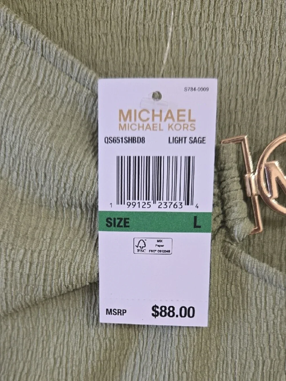 Michael Kors Light Green Sleeveless Textured Tank with Gold MK Accent